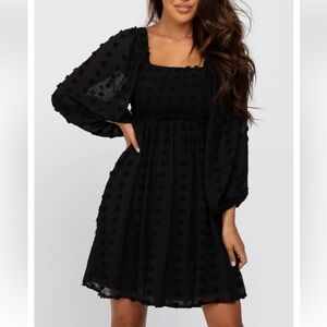 Black Textured Dot Smocked Square Neck Chiffon Dress